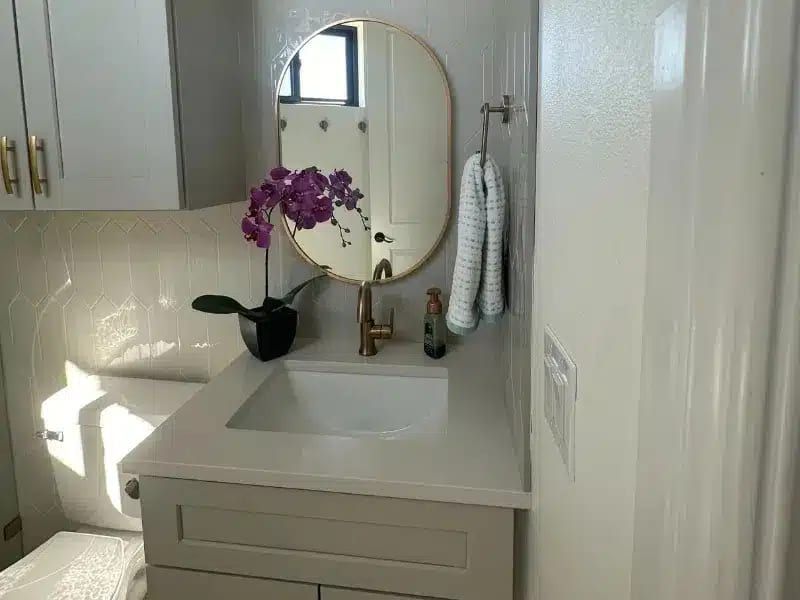 Modern bathroom vanity with round mirror, orchid, and white cabinetry in Austin, TX home