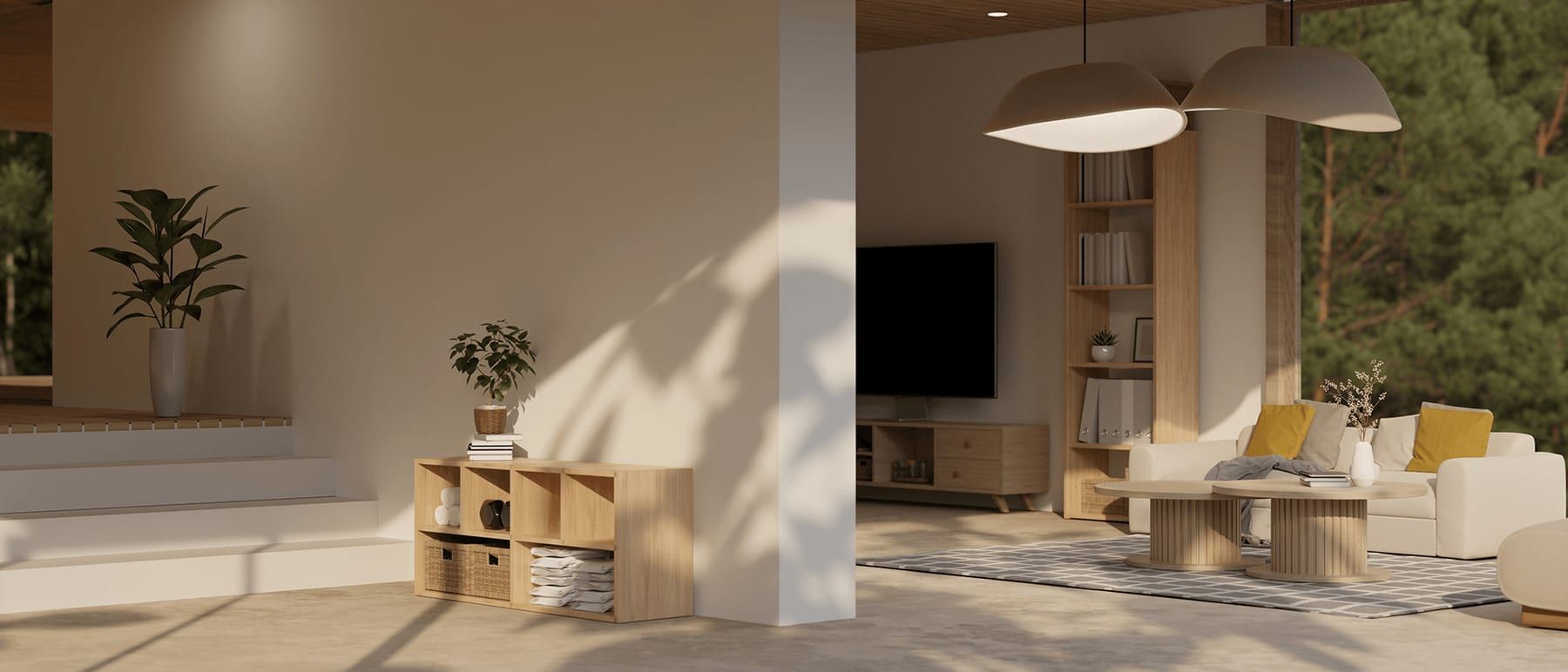Rendered interior of an open living area with pale wood shelving, pendant lights and a wooded view