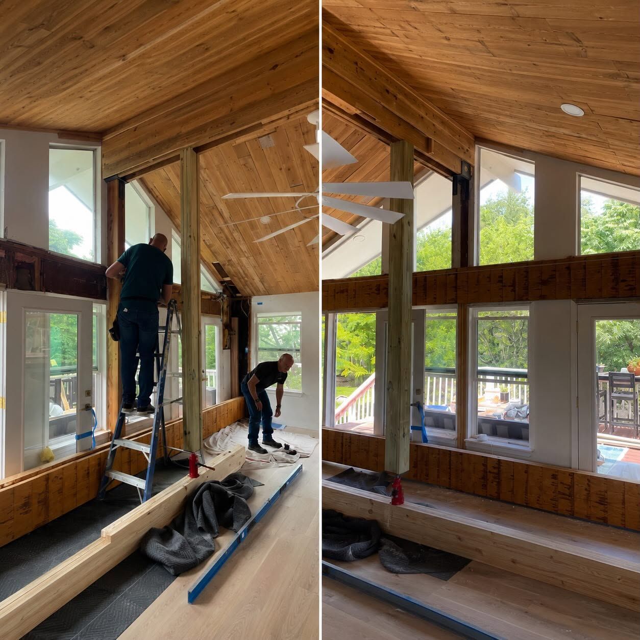 Two of our carpenters setting a support column and beam during a remodel, under a wood ceiling