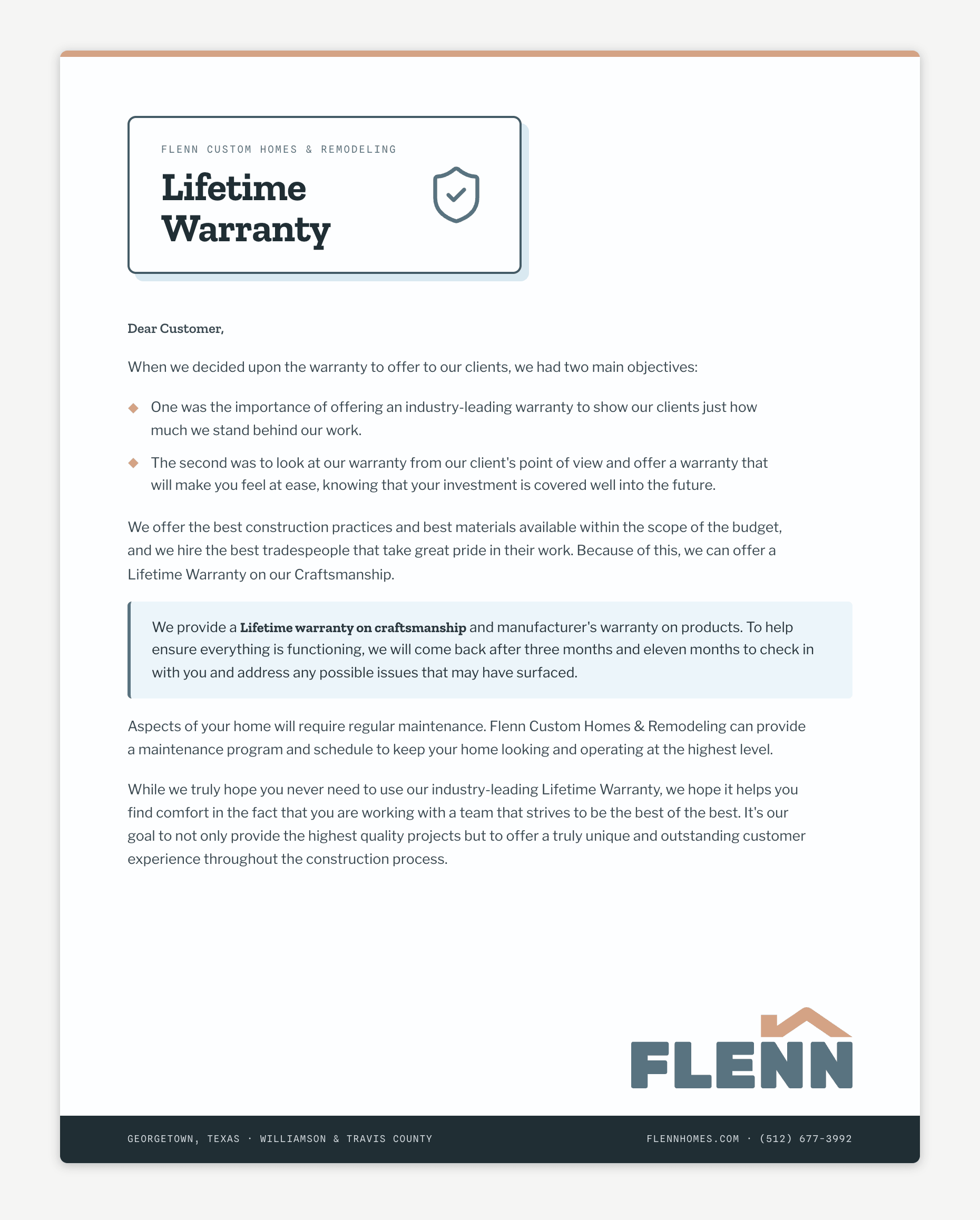 Flenn Custom Homes and Remodeling's Lifetime Warranty letter to clients. It states a lifetime warranty on craftsmanship plus manufacturers' warranties on products, and return visits at three months and eleven months. The same terms are written out on this page.