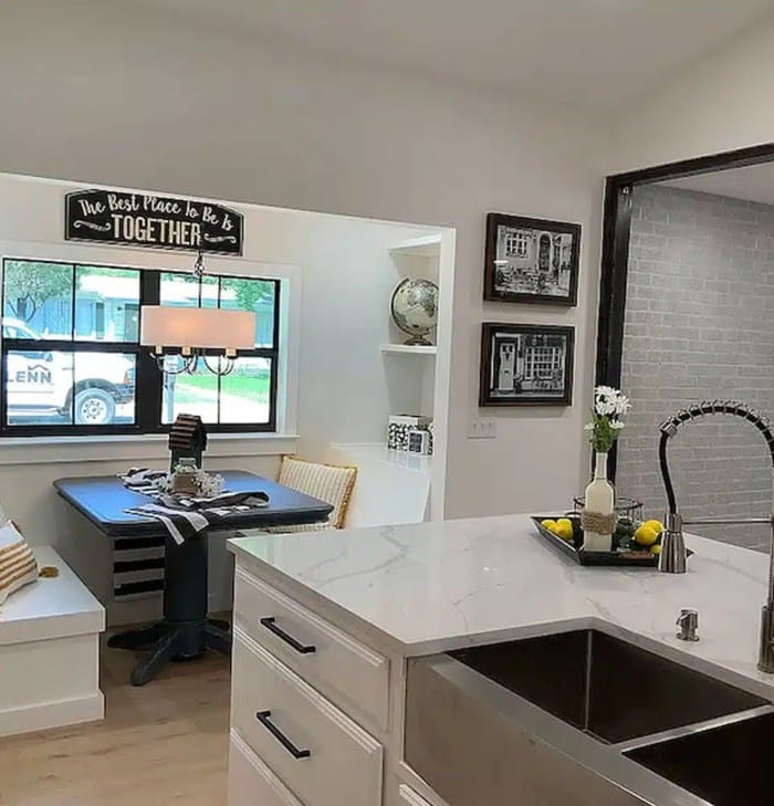 A kitchen featuring a sink and countertop with an organized cooking space in Taylor, TX<br />
