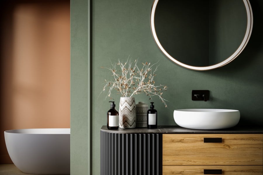 Remodeled earth-toned bathroom designed and completed by Flenn Custom Homes and Remodels in Austin, TX